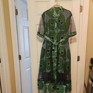 Mae Otti Green Patterned Women's Dress with Sheer Panels
